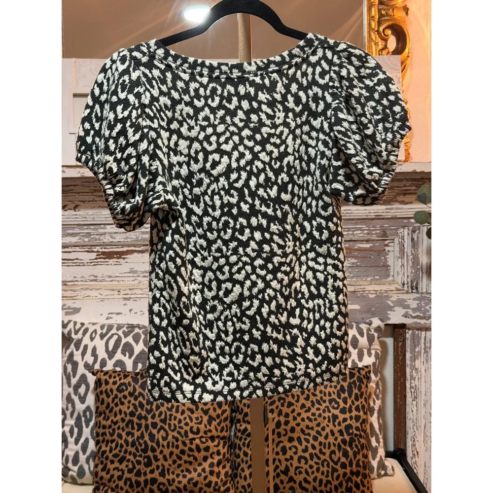 Free People Leopard Print Puff Sleeve Square Neck Jacquard Top Black Cream S
